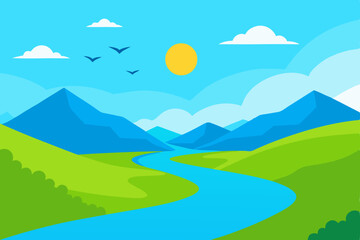 Fototapeta premium Serene Mountain River Landscape A Picturesque Vista of Nature's Beauty