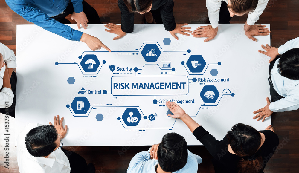 Poster a diverse team engages in a strategic discussion on risk management concepts, focusing on security, 