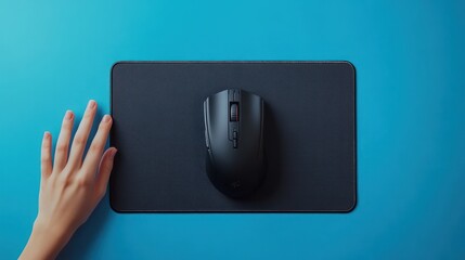A dark gray computer mouse sits centered on a dark gray mousepad. A light-skinned hand reaches across the pad on a bright turquoise background