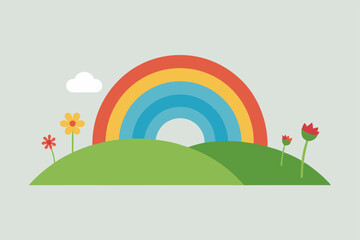Obraz premium Vibrant Rainbow over Rolling Hills and Blooming Flowers A Colorful Landscape Illustration