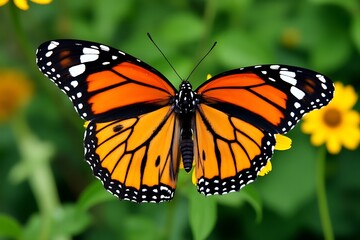 Fototapeta premium Vibrant monarch butterfly wings spread open in garden