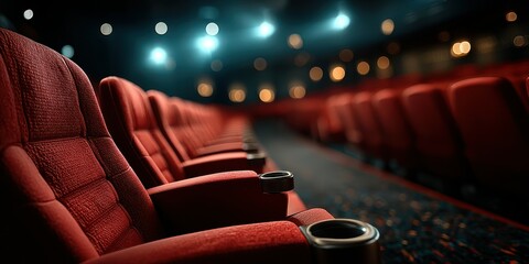 Red theater seats arranged in a darkened cinema awaiting the next movie screening