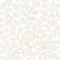 Seamless grey and white floral background with leaves. Hand drawn minimal abstract organic shapes pattern. Delicate vector white abstact pattern with grey terracotta leaves.