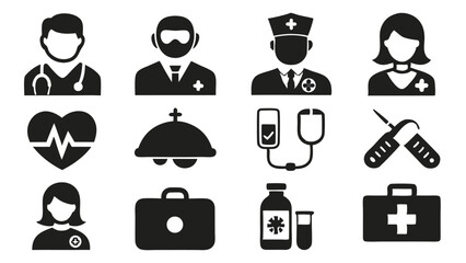 A collection of medical icons depicting doctors nurses equipment and health symbols