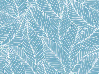 Seamless white and blue floral background with leaves. Hand drawn minimal abstract organic shapes pattern. Vector blue abstact pattern with white leaves