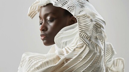 Woman in futuristic, 3D-printed garment.  Abstract, sculpted