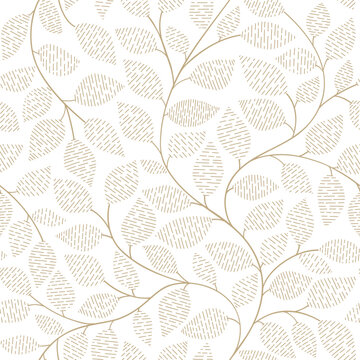 Seamless grey and white floral background with leaves. Hand drawn minimal abstract organic shapes pattern. Delicate vector white abstact pattern with grey terracotta leaves.
