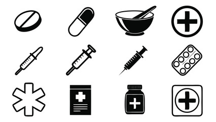 Black and white medical icons including pills capsules syringes and first aid symbols