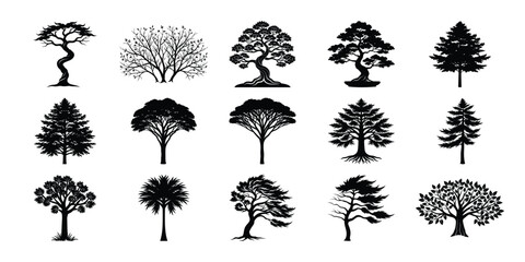Silhouette of tree set, winter tree, summer tree, Abstract black and white Tree .