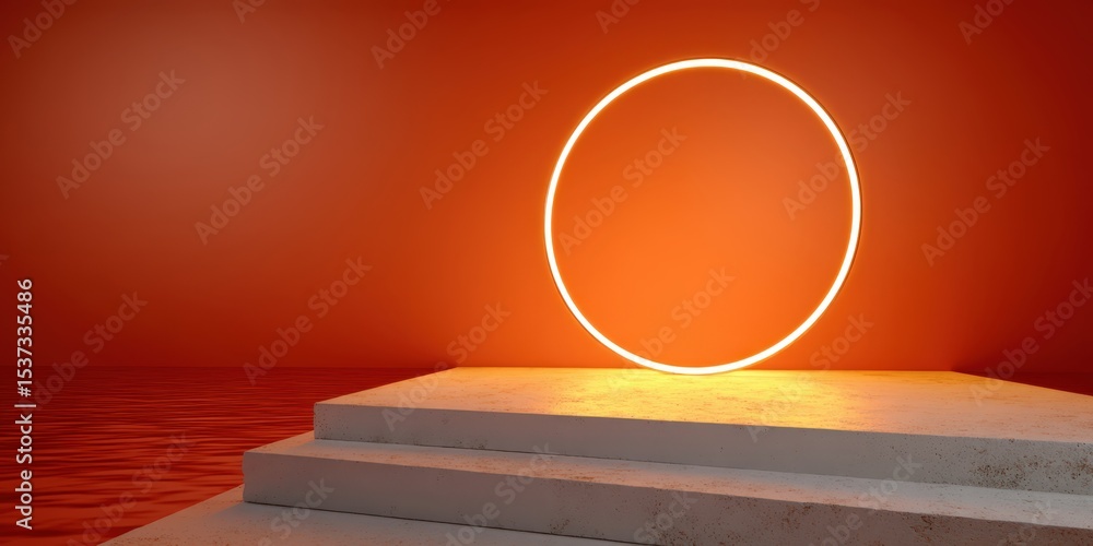 Poster abstract orange background with glowing circle and water, ideal for product presentation