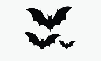 Halloween bat icons, spooky flying bats, black bat silhouettes,