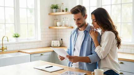 Young couple standing in modern kitchen reading documents and calculating domestic bills, woman supporting man by touching his shoulder, tablet and notebook on table - Powered by Adobe
