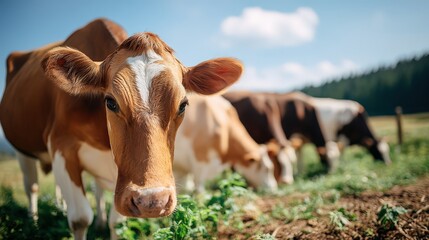 Obraz premium Close-Up of Brown Cows Grazing in a Field on a Sunny Day, Showcasing Agriculture and Farming
