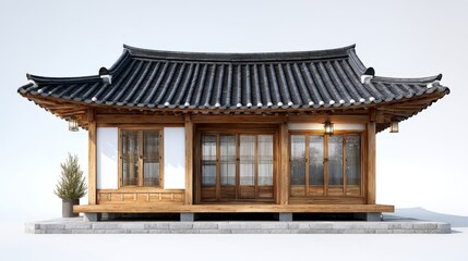 Obraz premium Traditional Korean House With Tiled Roof on White Background, Showcasing Cultural Heritage and Architecture