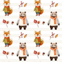 Naklejka premium Watercolor pattern with cute fox and bear for autumnal design. Fall seamless pattern. Autumn woodland