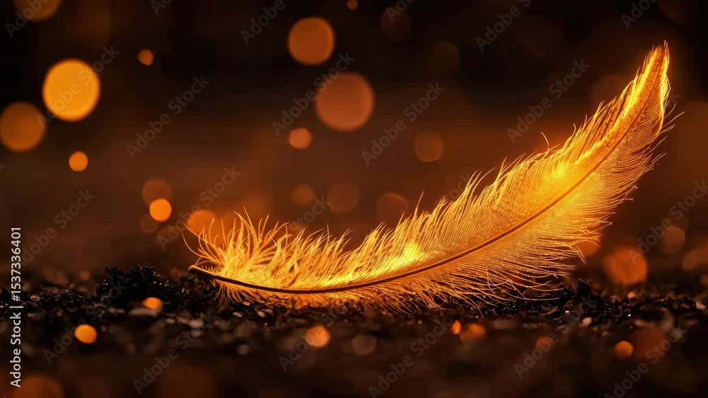 Poster a glowing golden feather lies delicately on a sparkling dark surface, surrounded by warm bokeh light