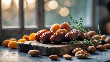Dried Fruit and Nuts Displayed on Rustic Board with Bokeh Background
