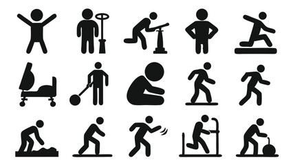 Collection of black silhouette icon illustrations representing various activities and movements