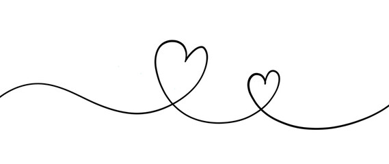 Continuous line drawing of two hearts on transparent background. Banner for valentine's day. Abstract hearts
