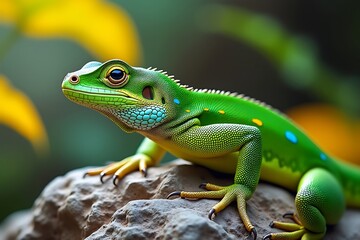Obraz premium Vibrant green lizard on rock, detailed closeup, exotic reptile