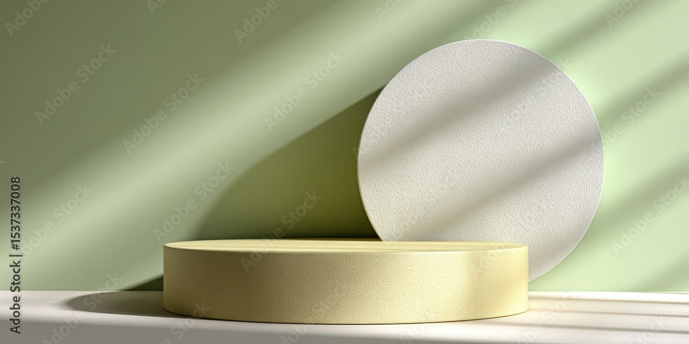 Poster minimalist product display podium on green background with sunlight, showcasing modern design