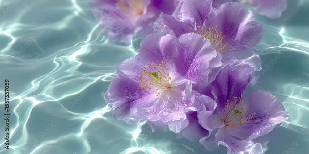 Poster purple flowers floating on water surface with reflections, representing serenity and tranquility