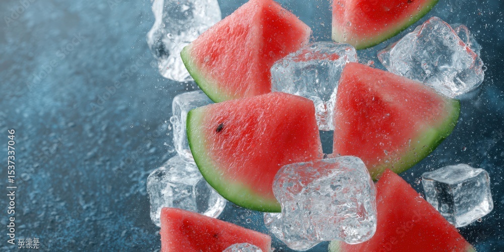 Poster fresh watermelon slices and ice cubes floating on blue, representing summer refreshment and healthy 