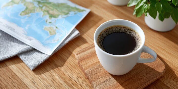 Coffee Cup and World Map on Wooden Table, Representing Travel Planning and Global Business : Generative AI