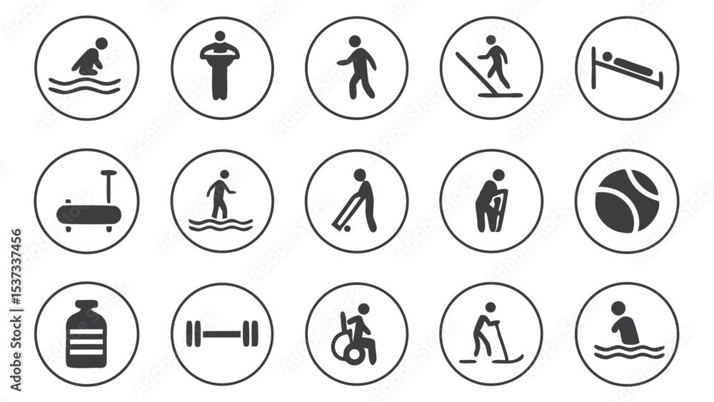 Aufkleber collection of simple black and white activity and exercise icons in circular design