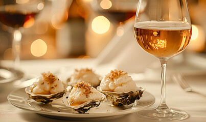 Close-up of four gourmet oysters topped with a creamy garnish and seasonings, served on a white plate alongside a glass of white wine; a high-end dining experience with a luxurious touch.