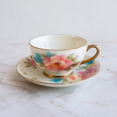 Fototapeta premium Elegant floral tea cup and saucer set displayed on a marbled surface, showcasing delicate craftsmanship. Beautifully designed tea cup and saucer feature colorful floral patterns with golden accents. 