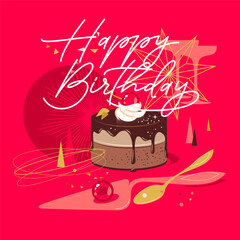 Birthday greeting card with chocolate cake