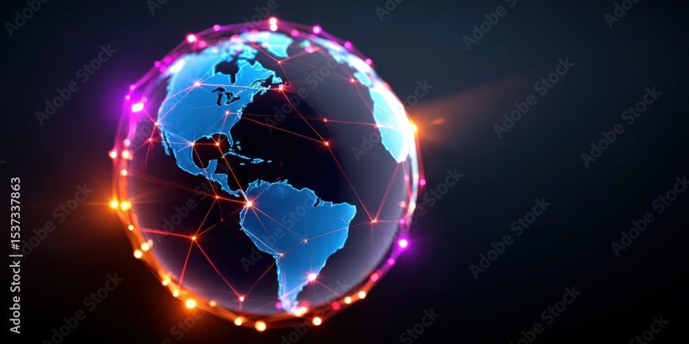 Poster Glowing Earth Globe Surrounded By Network Connections, Representing Global Communication and Technology