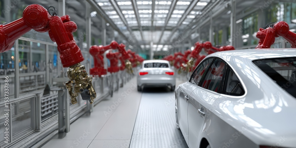 Poster automated car factory with robotic arms, showcasing manufacturing efficiency and technological progr