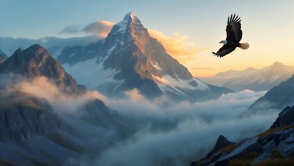 Eagle soaring above majestic mountains at sunrise with fog and snow