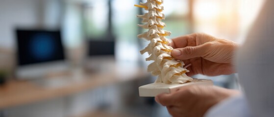 Adult man doctor holding spine model in office Concept of medical, science, healthcare, anatomy, and education Doctor explaining spinal structure for patient