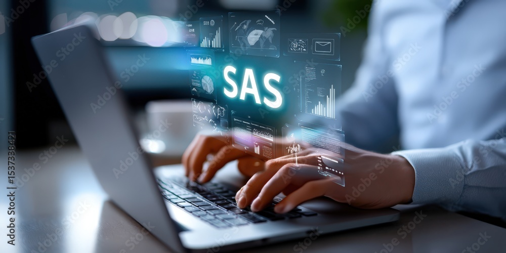 Poster Hands Typing on Laptop With SAS Data Visualization Overlays, Showcasing Business Intelligence