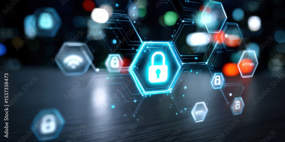 Poster Glowing Padlock Icon in a Network of Hexagons, Symbolizing Cybersecurity and Data Protection