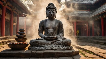 Golden Buddha statue in an ancient Thai temple, a serene symbol of Asian religion and spiritual meditation
Ancient gold Buddha statue in a Thai temple, embodying peace and spiritual meditation in Asia