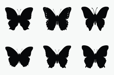 Flying butterfly set, black insect silhouettes, transparent background 