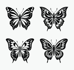 Obraz premium Flying butterfly set, black insect silhouettes, transparent background 