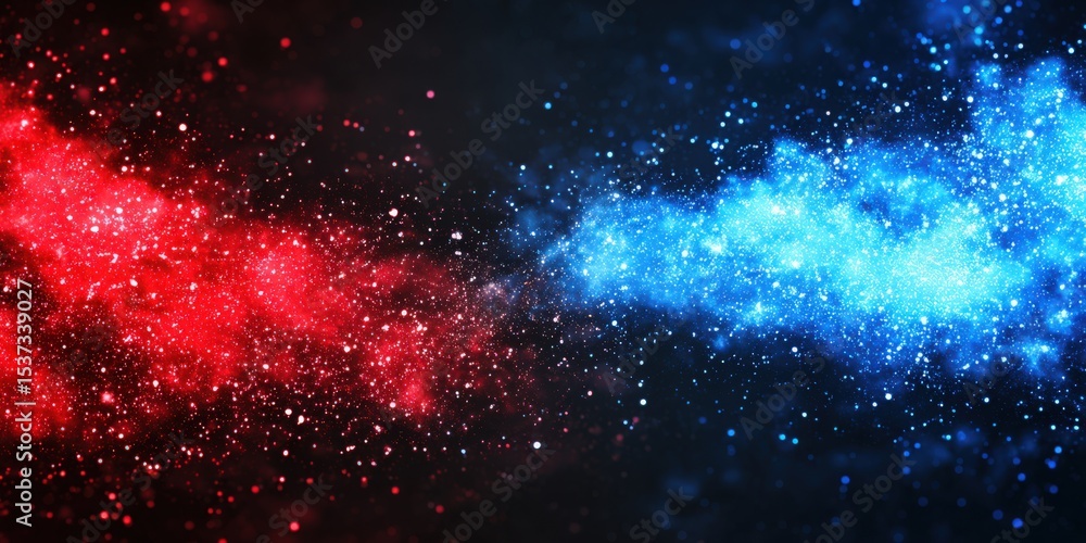 Poster abstract red and blue galaxy sparkles, ideal for science backgrounds and cosmic exploration