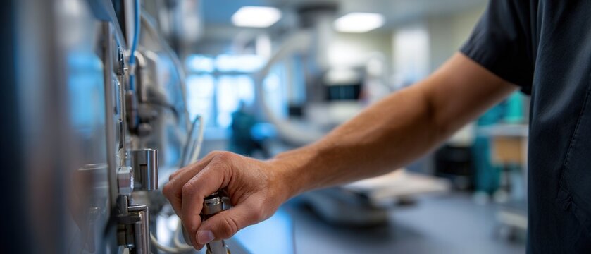 Man operating medical equipment in a hospital operating room Healthcare professional adjusting settings on advanced machinery for surgery Concept of precision, technology, and medicine