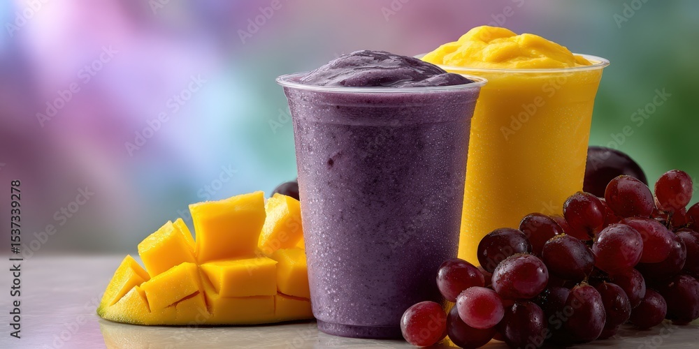 Poster two colorful fruit smoothies with mango and grapes, representing healthy eating and refreshment