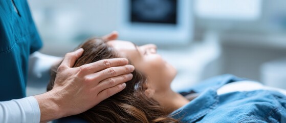 Caucasian woman receiving gentle osteopathic head massage from male therapist in clinic Concept of wellness, healthcare, and alternative medicine