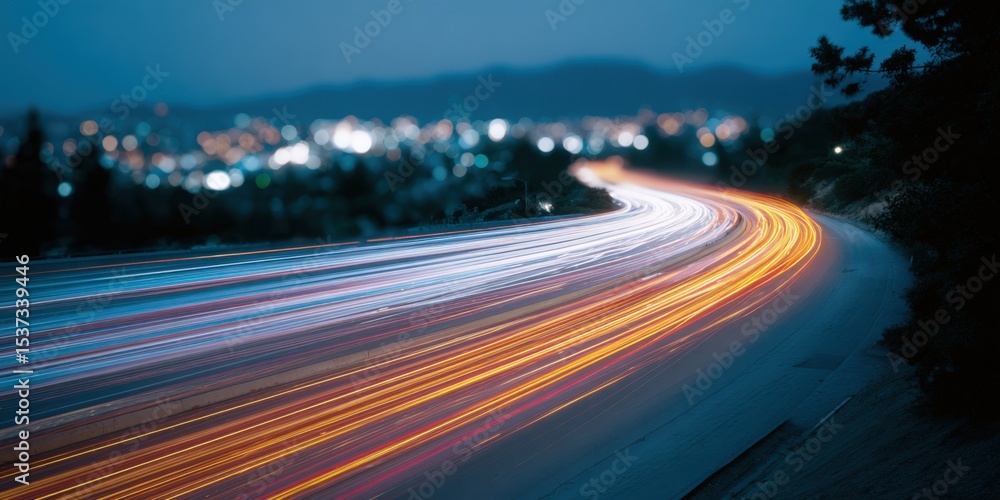 Poster streaks of light on highway at night, representing speed and modern transportation infrastructure fo