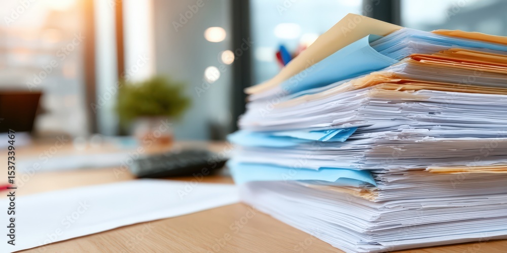 Poster stack of business documents on desk in office, illustrating paperwork and administrative tasks