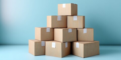 Obraz premium Stacked Cardboard Boxes on Blue Background, Illustrating Delivery, Logistics and Supply Chain
