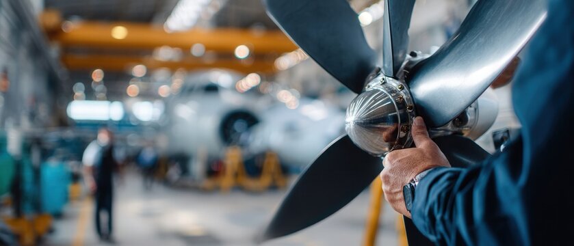 Adult man inspecting aircraft propeller in aviation factory Engineer checking airplane engine for maintenance and repair in the hangar Concept of aerospace industry and engineering