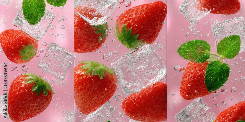 Poster fresh strawberries and ice cubes splashing in water on pink background, representing refreshment